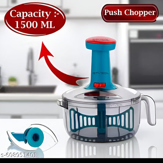 Stysol 1500 ML Hand Push Food Chopper | Quick Veg & Fruit Cutter with 3 Stainless Steel Blades